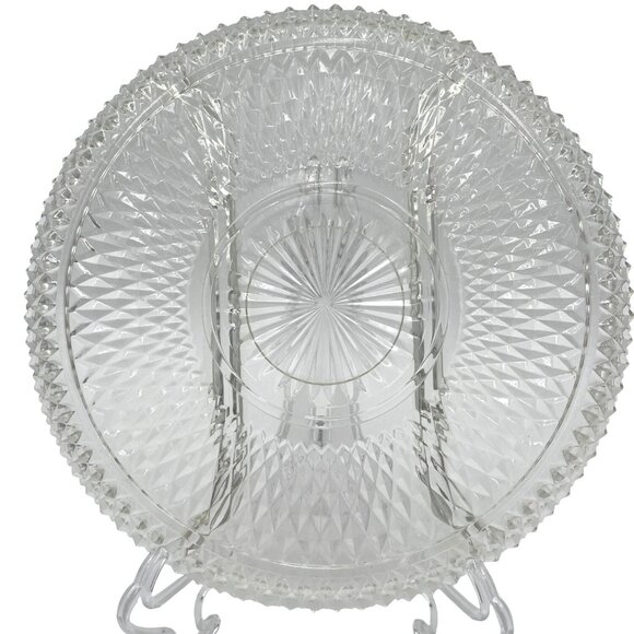 Vintage Clear Glass Divided Serving Tray With Intricate Diamond Cut Pattern & Sc - Picture 3 of 4